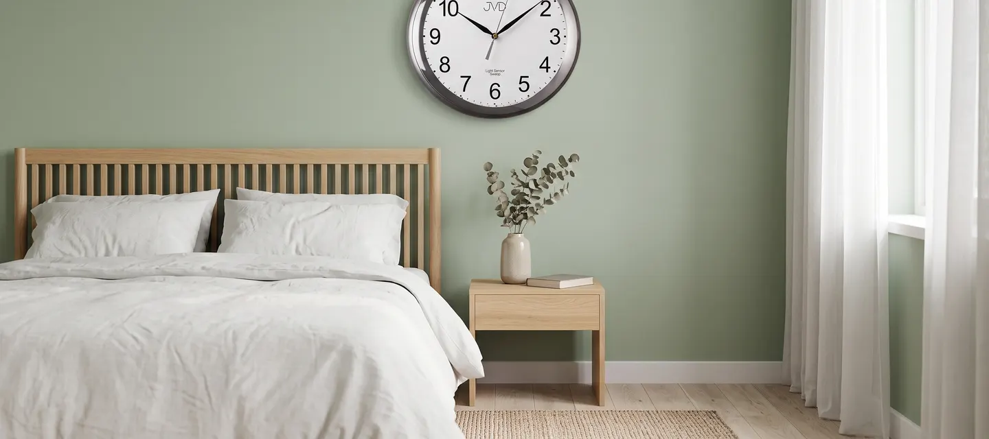 Une horloge murale grise au design épuré fixée sur un mur de chambre aux tons apaisants.