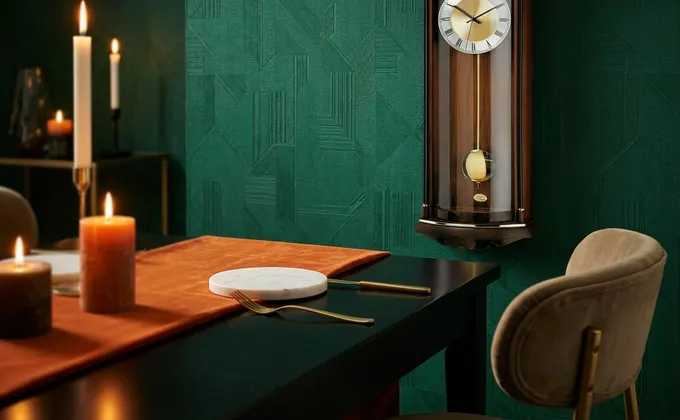 Détail d'une table de salle à manger avec chemin de table en velours orange brûlé et couverts en laiton.