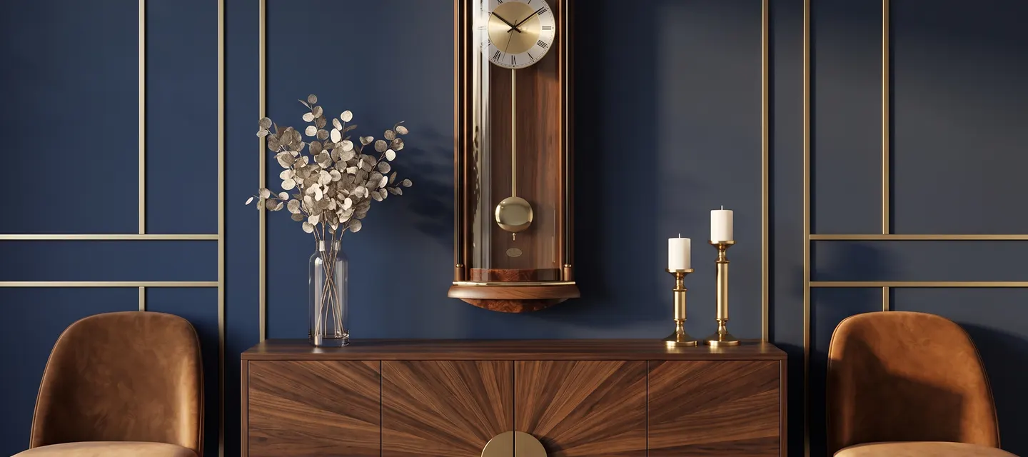 Carillon moderne en bois de noyer avec balancier doré suspendu sur un mur bleu marine dans une salle à manger Art déco.