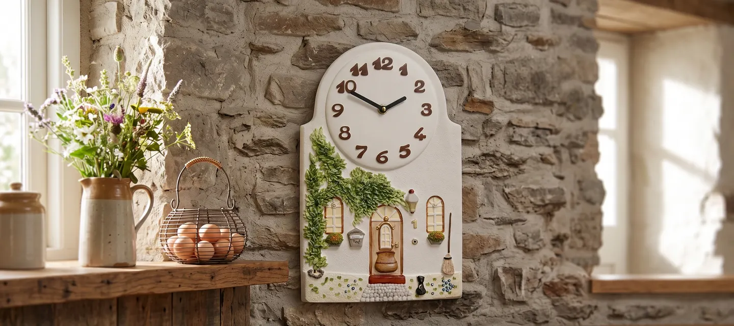Horloge murale artisanale en céramique avec relief de maison rustique sur un mur en pierre naturelle.