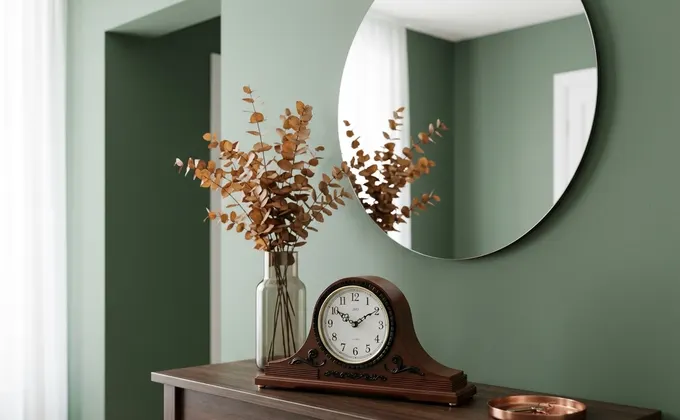 Console d'entrée avec une disposition asymétrique comprenant une horloge de table, un vase de fleurs séchées et un miroir rond.