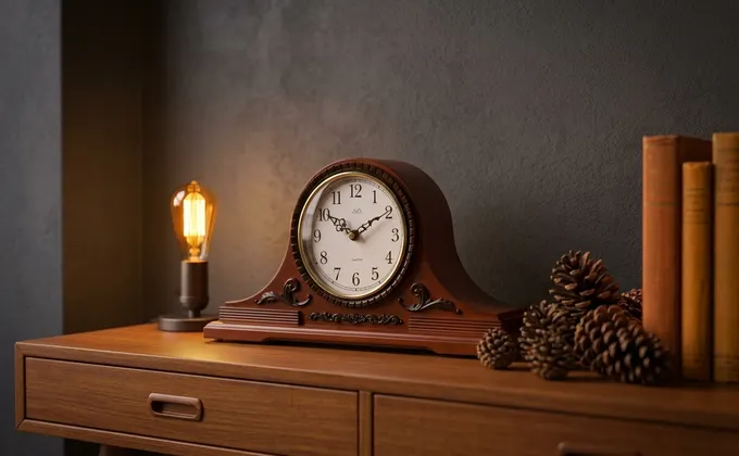 Ambiance de soirée dans une entrée avec une petite lampe de table diffusant une lumière chaude sur une pendule ancienne.