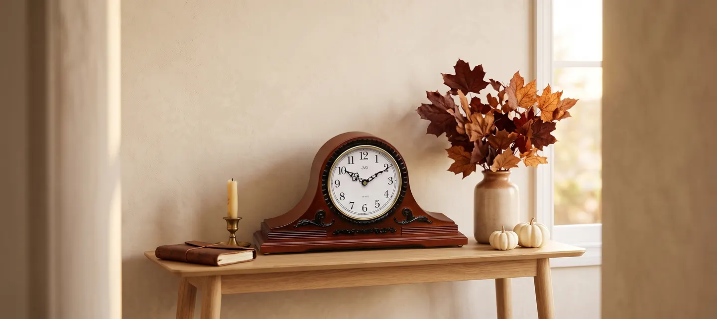 Pendule vintage en bois sur une console étroite décorée de citrouilles blanches et de feuilles mortes dans une entrée lumineuse.