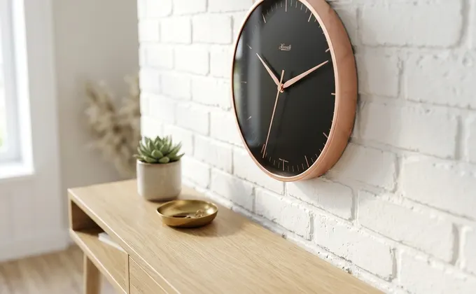 Gros plan sur une horloge industrielle mêlant acier brossé et bois clair sur un mur blanc.