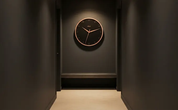 Horloge industrielle éclairée par un ruban LED dans un couloir sombre.