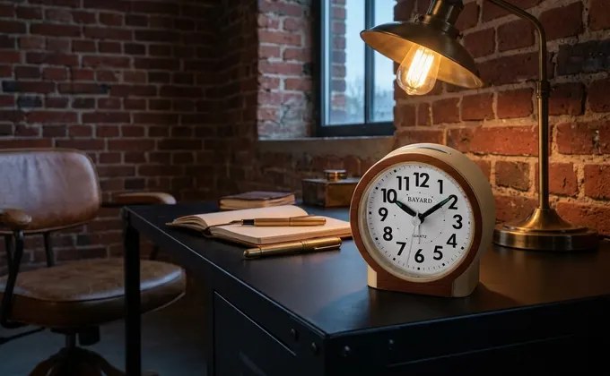 Réveil de style industriel à affichage flip posé sur un bureau en métal et bois dans un intérieur urbain.