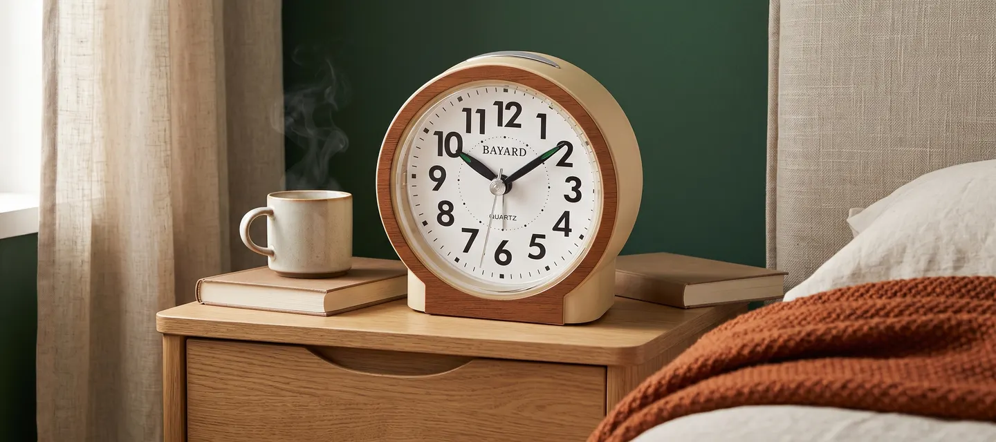 Un réveil vintage Bayard posé sur une table de chevet en bois massif dans une chambre à l'ambiance automnale feutrée.