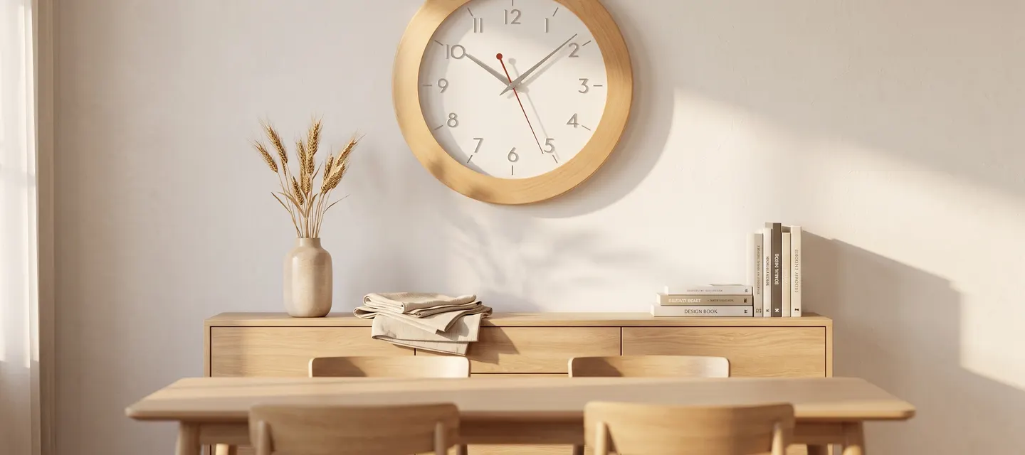 Horloge murale ronde en hêtre massif suspendue au-dessus d'un buffet scandinave en bois clair.